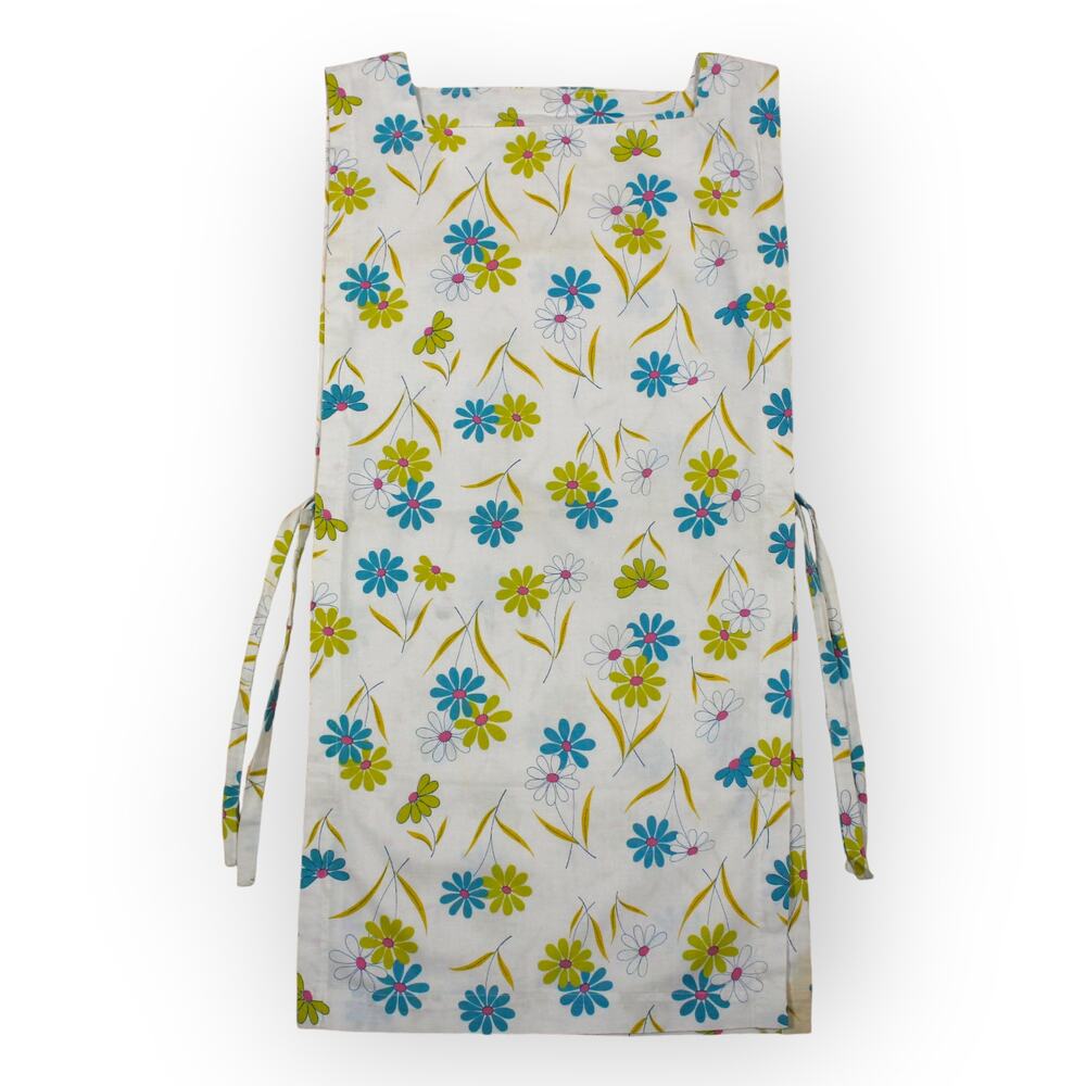 Handmade Vintage Apron White Turquoise Yellow Pink Blue Flowers